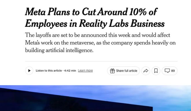 Meta将裁减Reality Labs部门10%岗位，战略转向AI可穿戴设备